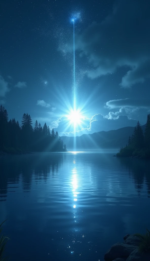 A bright star in the night sky, reflected in a peaceful lake, as if calling someone to follow it.