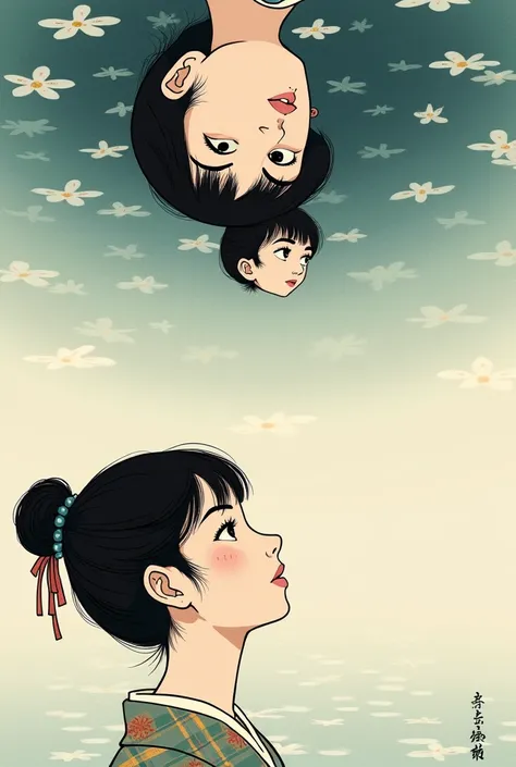 Illustration. This Japanese composition is particularly interesting with two faces - one (the womans face is upturned in profile), her reflection is a miniature male face that is reflected on the ceiling above the woman looking up (he is looking down at th...