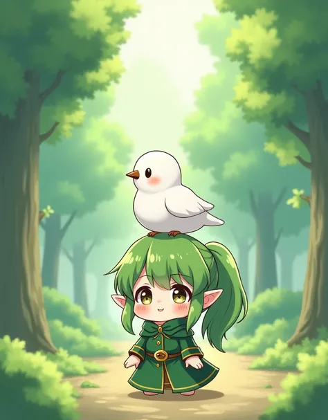 Masterpiece,Best quality, Anime style, (pure white sparrow mascot, round body, fluffy body, simple face, cute appearance, ),Girl,short,petite,green hair,ponytail hair,elf ears, No expression, blushing, Noble elven costume, green costume,small tits,sparrow ...