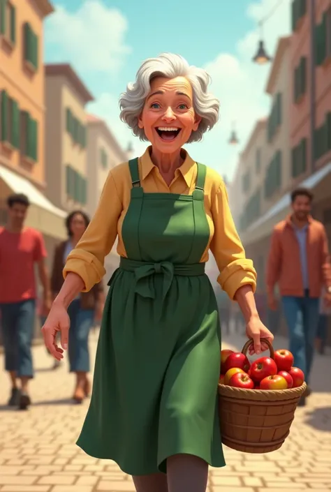  The picture is a digital illustration of an elderly woman walking in the street with a basket of apples in her hand.  wearing a green apron with a big smile on her face .  The background shows a crowd of people walking down the street and buildings in the...