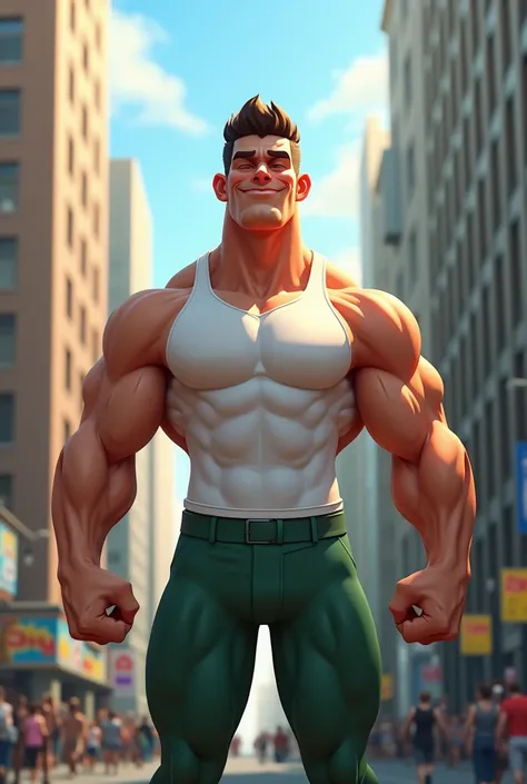  The image is a digital illustration of a muscular man standing in the street .  wearing a white tank top and green pants . His arms are bent and he appears to be in the middle of a workout . He has a designer expression on his face with his eyes closed . ...