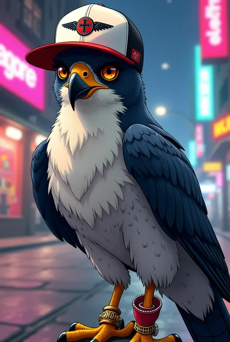 Pellegrine falcon , With baseball cap backwards in anime and the cap should go backwards like rappers 