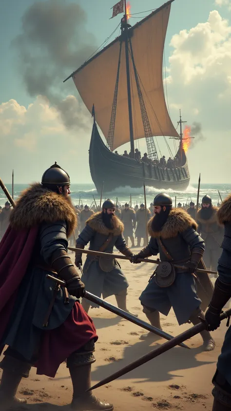  An epic battle with Viking warriors in costumes faithful to history,   on a Normandy beach ,  In the background it could be a Viking ship with burning historical details  .