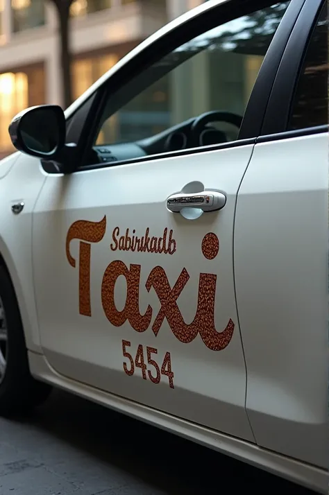  the door of the prius car has Sabirabad taxi inscription.  Patterned lettering. *5454