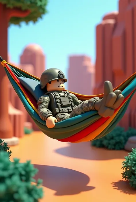 A military man lying in a Roblox hammock ( not realistic )