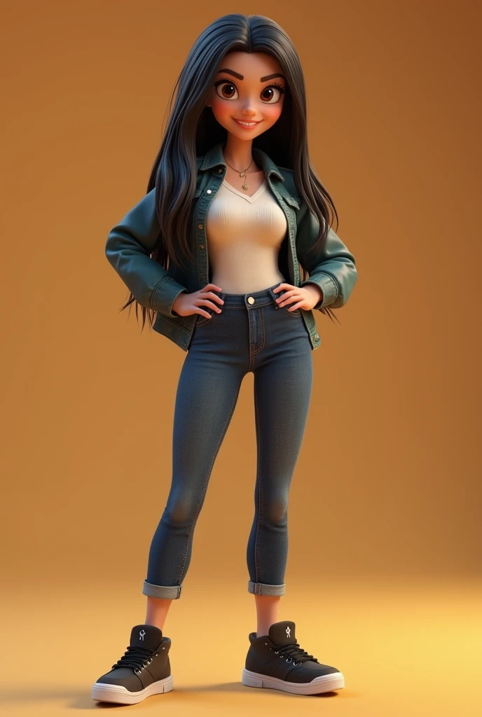  3D character from Disney animation , Pixar style,  full body,  smiling,  brown eyes with gorgeous lashes , The glamorous ,  straight black hair at shoulder length , jeans clothes, jacket, black sneakers,  bottom cleaning .  Cinematic lighting ,  ray traci...