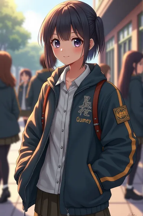  Mix your school uniform with personal details , such as a casual jacket or modern accessories .  She wears a moon-shaped brooch with shades of gray and blue,  symbol of your connection to music and your past .