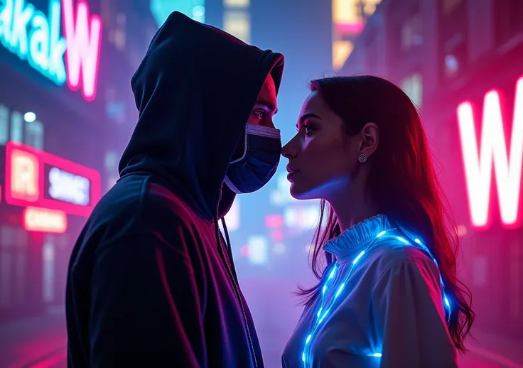 Alan walker con barbijo y una chompa , y ana grabriel, neon night y con el logo de W 