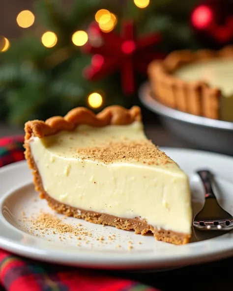 “A slice of creamy eggnog pie topped with a sprinkle of nutmeg, served on a white plate with holiday decorations in the background. The setting includes twinkling lights, a red plaid napkin, and festive greenery, creating a cozy and cheerful Christmas vibe...