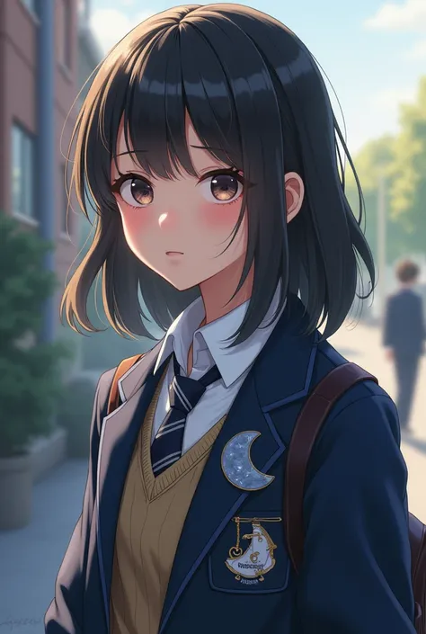 The boy fills a mix of his school uniform with personal details, such as a casual jacket or modern accessories .  She wears a moon-shaped brooch with shades of gray and blue,  symbol of your connection to music and your past 