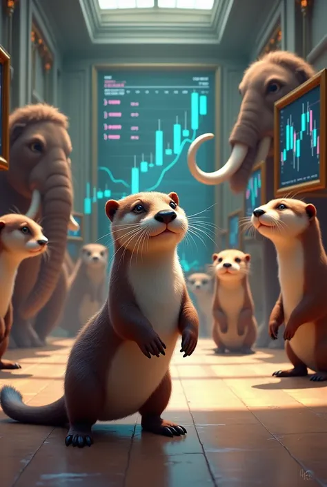  You need an otter thats in the hall ,  in the background with other otters .  Cryptocurrency charts hang in the hall, and pictures of mammoths  