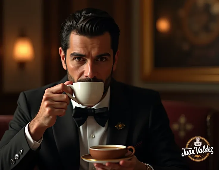 Header: " We are the Colombian brand "
Main Image:  A 35-year-old man enjoying a cup of coffee in an elegant environment .
Secondary text: " Discover the authentic flavor of Colombian coffee . Quality and tradition in each cup ."
logo:  Juan Valdez in the ...