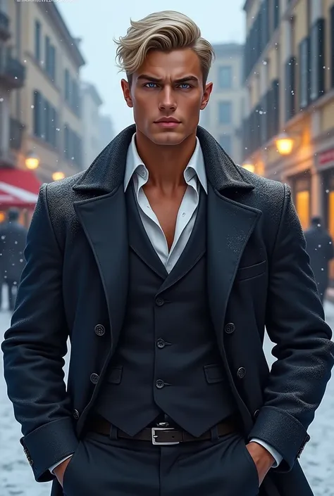 Alpha virile man for Instagram blond honey blue eyes realistic athletic now well dressed in Turin winter 