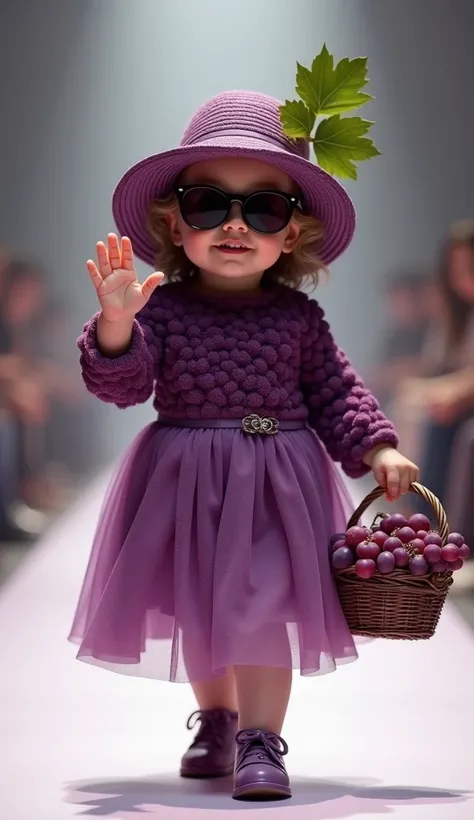 Create a scene with an adorable chubby baby girl, wearing fashionable clothes made from purple grape clusters. Wearing a hat made from grape leaves and a small grape cluster accent, and round stylish sunglasses. In one hand, she is holding a basket of grap...