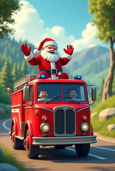 I WANT SANTA CLAUS ON A FIRE ENGINE WITH A NATURAL BACKGROUND