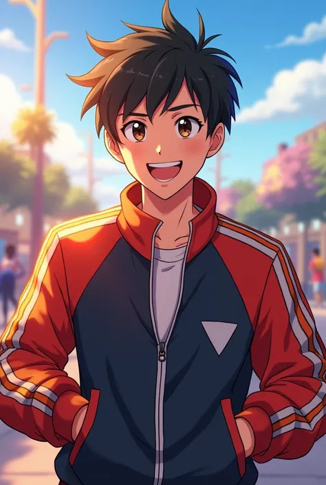 animated man,  short black hair , smiling, With sports poleron