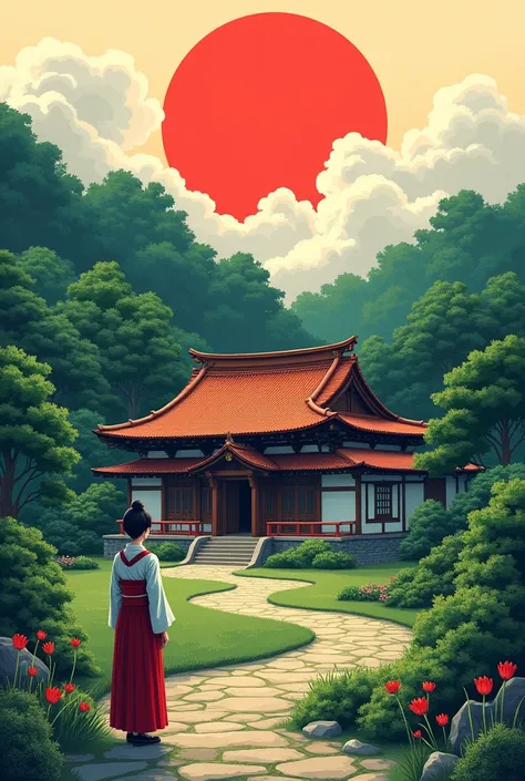  theme du japon,  traditional house ,  With red sun traditional house ,  Japanese forest ,  japanese wife front in foreground hd