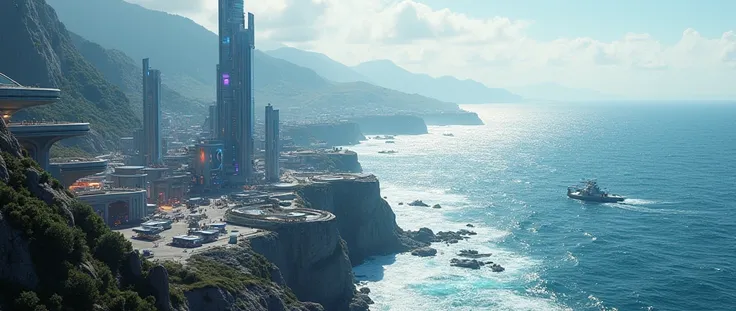 A futuristic city on the side of an ocean