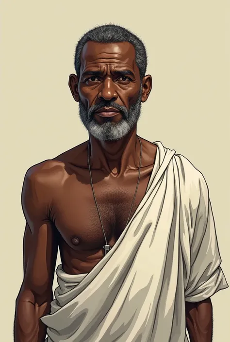 Portrait of an adult black slave in his 60s wearing white cloth clothes shirtless with a wise and thoughtful look animated comic