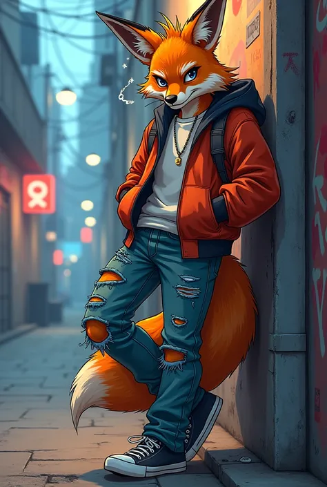 Make me a character like in the movie "Zootopia" but the character is a teenage male fox, his style is streetwear, a bad boy, sly, smoking. It should be in a manga like drawing style but prettier.