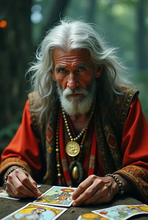   In a gypsy camp on the edge of a shady forest  ,   A mysterious man with deep eyes  ,  several necklaces and gold medals around the neck ,   with a red silk scarf tied around the waist  ,   holds a set of tarot cards in its calloused hands  ;.   Wrinkled...