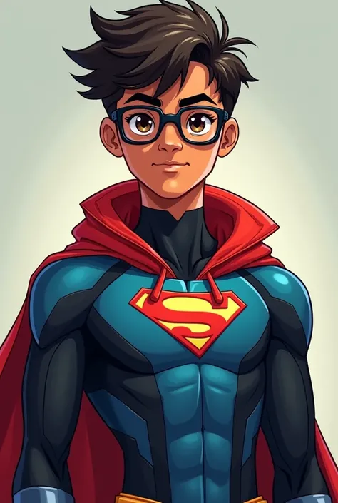 A light-brown-skinned boy combo suit from Marvels wicanno plus blue and black a little red and with a red hoodie and cape, ISOOOOO ,  Now make him more of a 14-year-old teenager, He wears glasses he still looks like a  make him look more like a teenager 