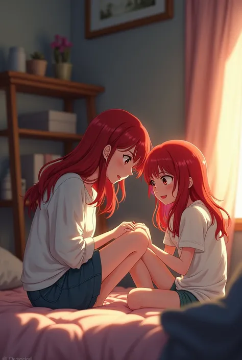 Red-haired girl in her bed sitting in the corner talking to her mom anime