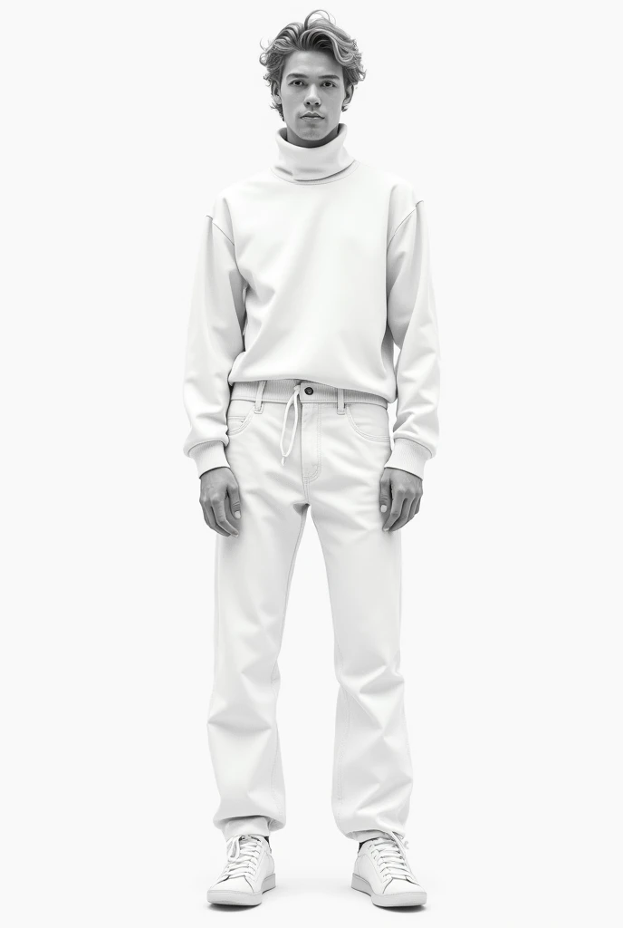 A white pants for men drawn in pencil and a white turtleneck 