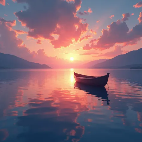 The surface of a huge clear lake
A small boat floating on the horizon
sunsets
stained glass