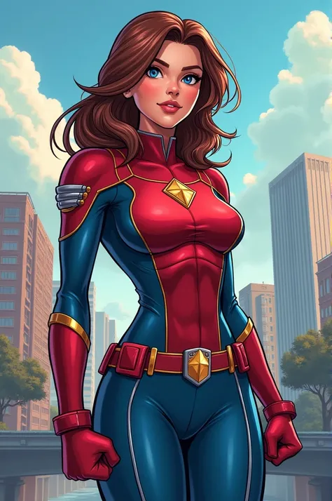 Drawing of a female teenage superhero wearing a red and blue outfit 