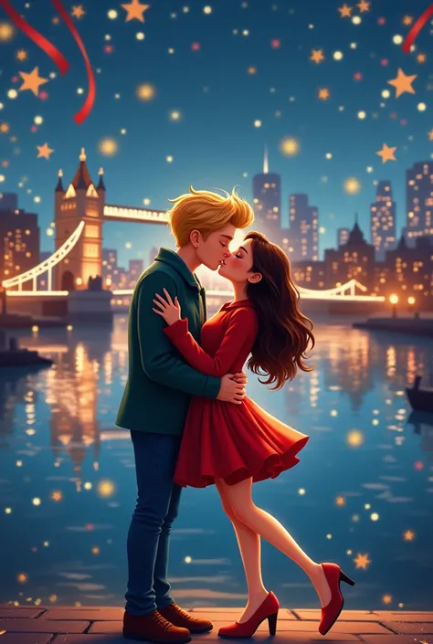 Couple of a blond boy and a brunette kissing in front of the River Thames on New Year.  animated style