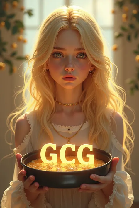 Beautiful blonde girl who has a pans containing the letters GCG