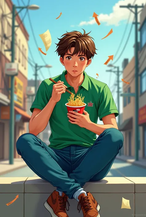 "A university student REAL PHOTO seen from the front, with short brown hair ,  sitting relaxed on a low wall with his feet hanging and crossed .  He wears a green polo shirt with a small logo ,  blue jeans and brown sneakers .  He is eating ramen from a co...