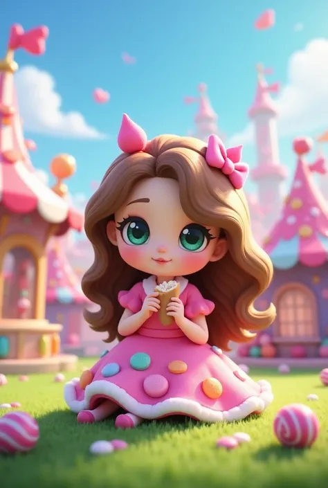  she shows a cute version of a small LOL character .  She is dressed in her iconic pink dress decorated with candies .  she is sitting on the grass in front of a ride park ,  holding a snack . There are candies on the floor ,  near her right hand ,  her ex...