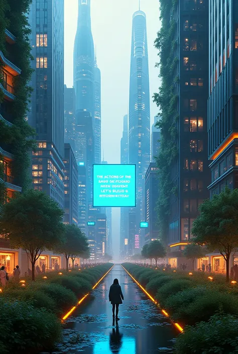  A modern city with glass skyscrapers and vertical vegetation,  illuminated by neon lights .  A holographic screen appears in the air,  displaying the message : "The actions of contain ,  destroyed the present .  Lets build a better future today"