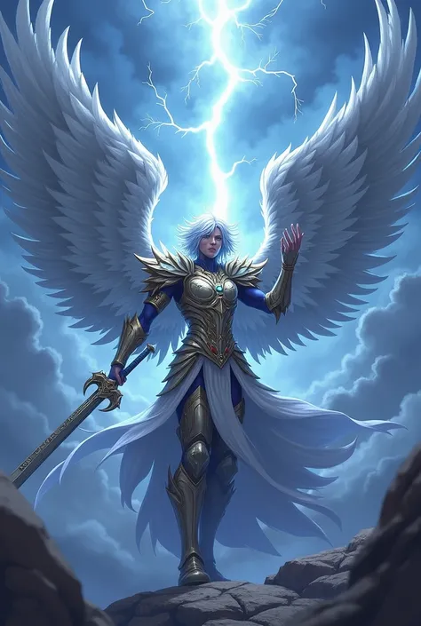 Thunder Angel, canoso, with wings, with armor, monstrous, without horns, Beautiful and heavenly wings, Thunders, sword, can, Looking like a letter from Yugioh .