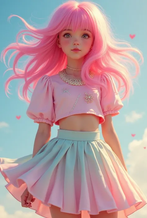 A boy with pink long hair with a skirt and a crop top