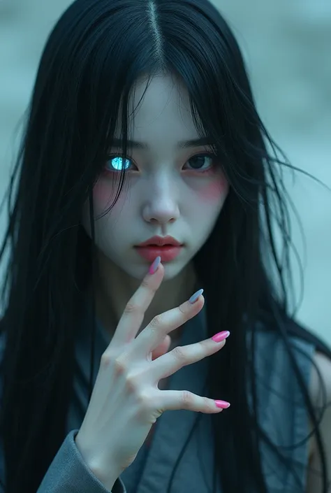 
The ghostly Japanese woman appears to be a protective spirit. Her thick, flowing black hair and mismatched eyes - one white, one Bright blue - give her an otherworldly, supernatural aura. Her pale, translucent skin and pink-painted nails add to the sense ...