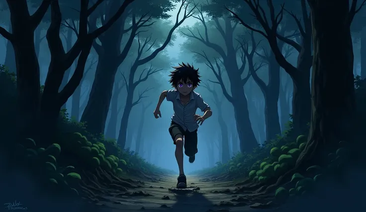 17-year-old black-haired, purple-eyed young boy dressed in country clothes runs into the woods, leaving the chaos behind .  The background shows a dark and confusing path between the trees,  while the light progressively disappears .  The atmosphere become...