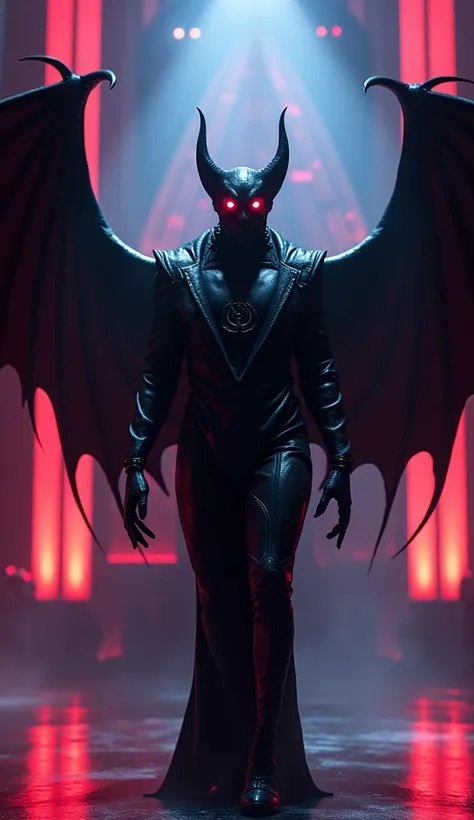 bat,  with membranous black wings and bright red eyes . He wears a leather suit and is on stage at  "Americas Got Talent",  with vibrant lights in the background that highlight his creepy figure.