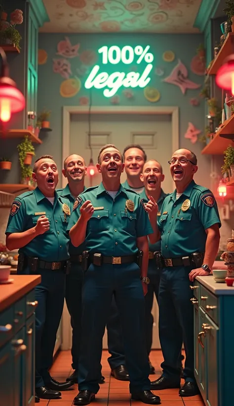 Police officers consuming mushrooms in a kitchen, everyone is very happy and the following message at the top of the screen "100% legal".