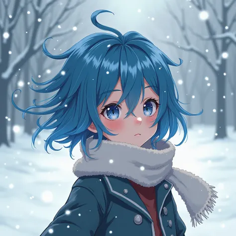 girl with short blue hair, with movement of the wind, it is snowing and it is the spirit of Christmas

