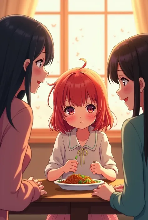 Redhaired girl sitting eating her black-haired mom and sister talking anime
