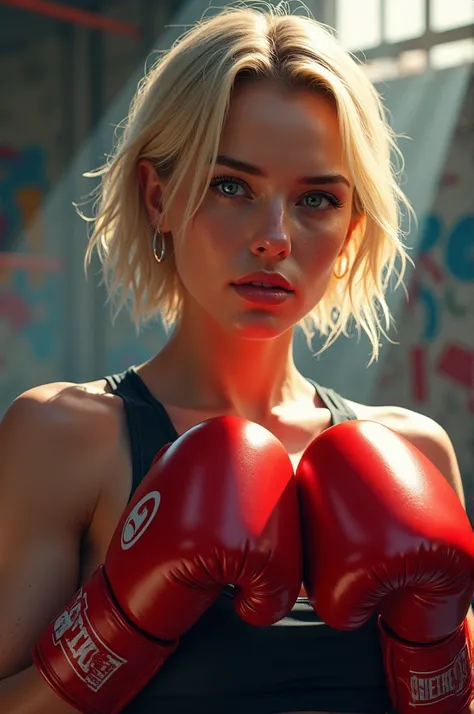 woman, female boxer, blonde,  short hair. Estilo de heartstopper.