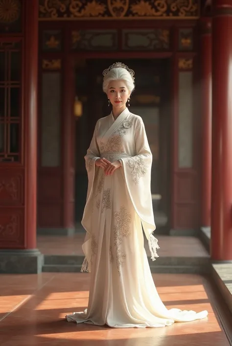 Chinese lady ,  is about 60 years old , white short hair,  Yongyong Gorgeous ,  wearing a white carved floral dress ,  standing on the brown wooden floor of the palace. 