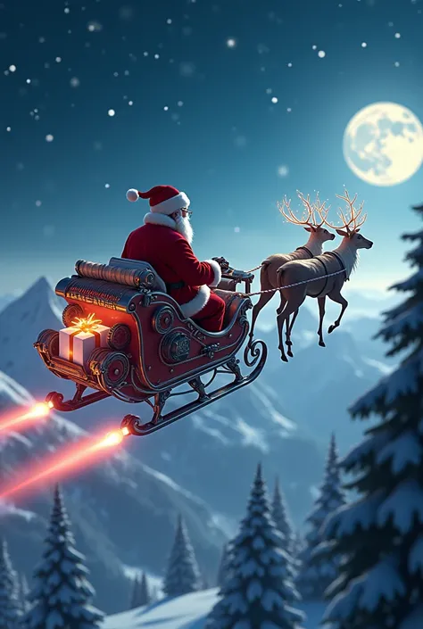 sleigh driven by Santa Claus and reindeer that carries electric motors that look realistic as gifts