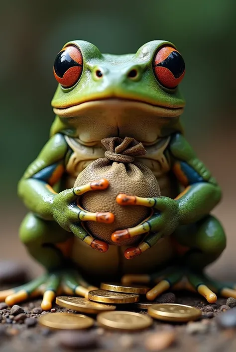 a Terminator-style frog with coins coin bags with its face on it 