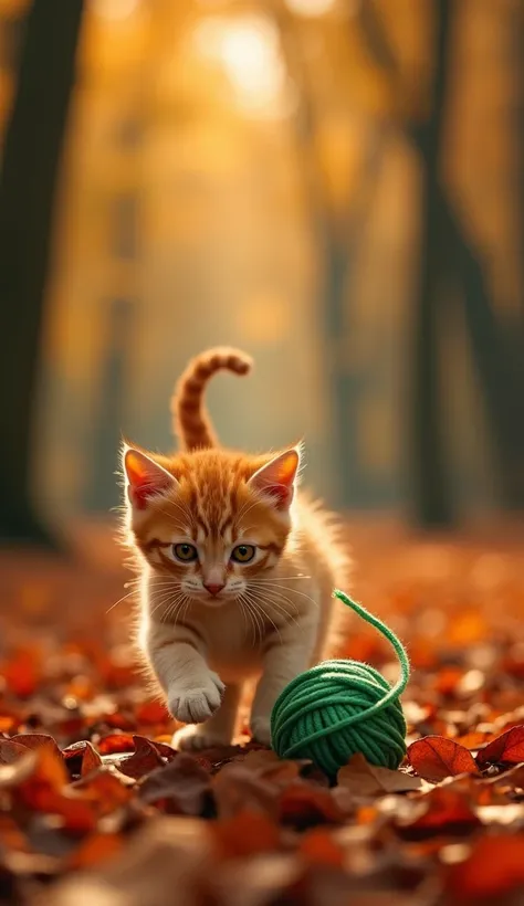 A ginger kitten tumbling with a green ball of yarn in a forest blanketed with fallen autumn leaves. The golden hour sunlight filters through the trees, illuminating the rich reds, oranges, and yellows. The mood is warm and playful.