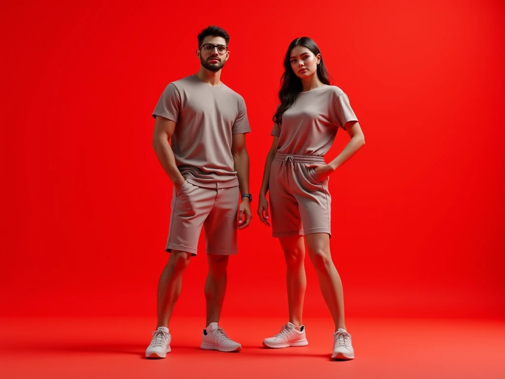  generate one to two people posing in sportswear on a red background, that is not muscular, That they dont wear a well-known clothing brand 
