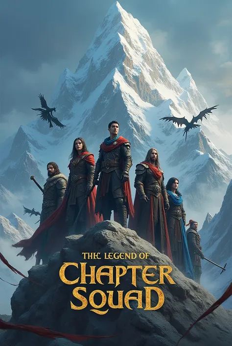 An epic cover with 7 characters on a mountain with dragon skeletons and necromancers in the opium style Dark Fantasy with a title in the middle of The legend of chapter squad

